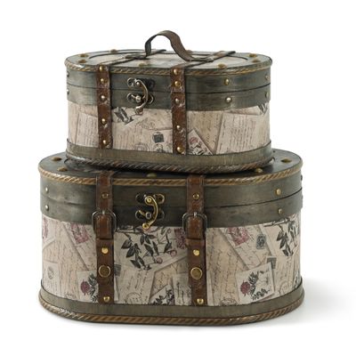 SLPR Alyssa Vintage Train Case - Set of 2, Antique Wooden Storage Boxes with Hinged Lids, Old Fashioned Decorative Wood Trunk, Memory Chest for Keepsakes and Home Dcor