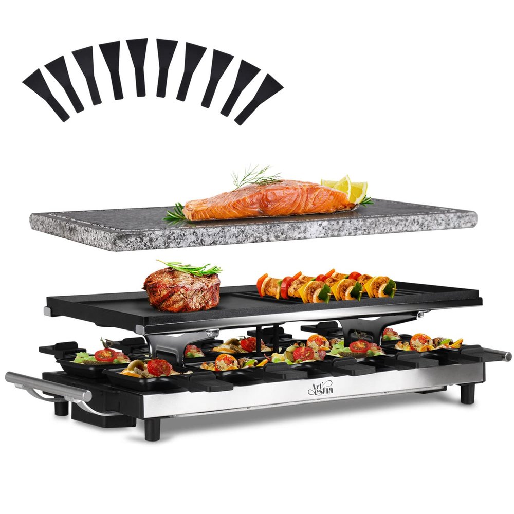 Artestia 1500W Large Size Raclette Cheese Grill Adjustable Temperature Korean BBQ Grill, Cheese Raclette with Grill Stone and Food-Grade Ceramic Glaze Reversible Aluminum Plate for Parties Family
