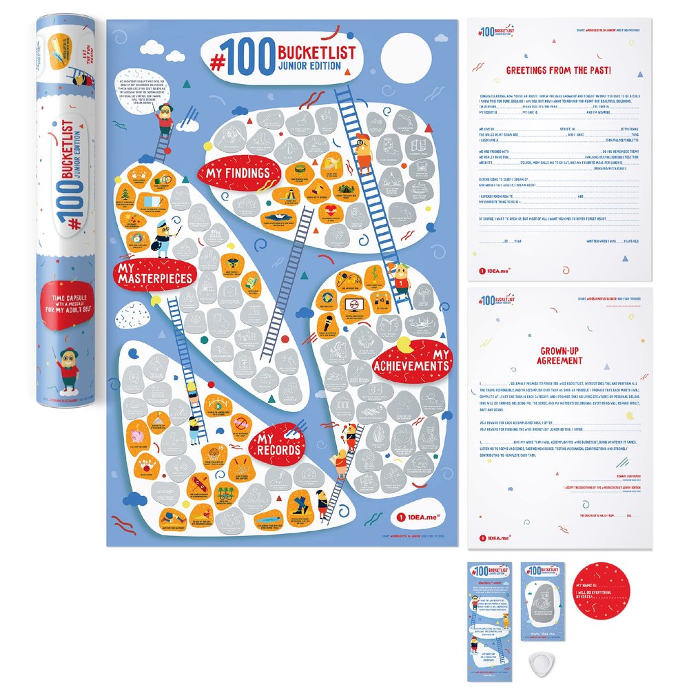 1DEA.me 100 BUCKETLIST Kids Wall Poster - Scratch Off Your Life achievements - Kids Print For Motivation - Enjoy And Have Fun - 16x24 in
