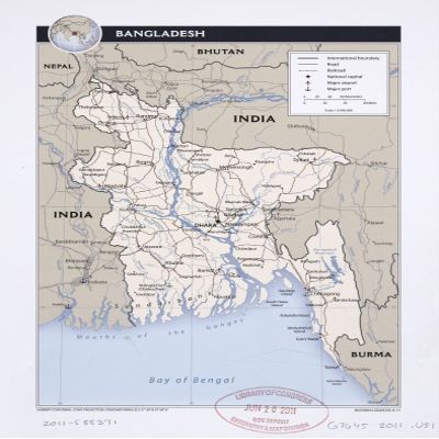 18" x 24" 2001 Map of Bangladesh International Boundary National Capital Elevation Point