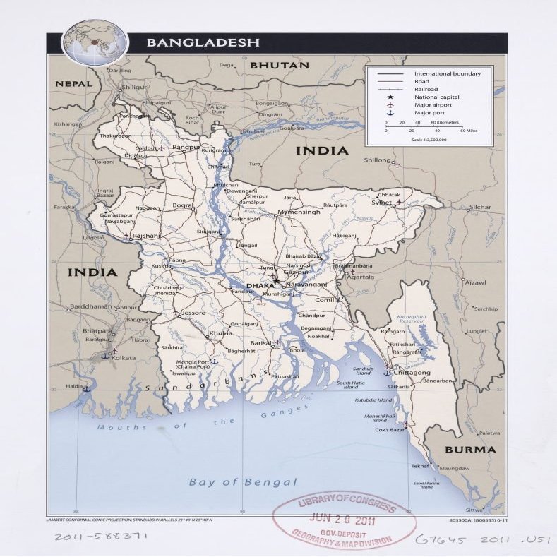 18" x 24" 2001 Map of Bangladesh International Boundary National Capital Elevation Point