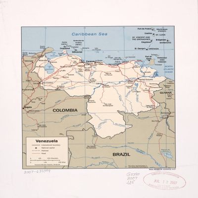 18" x 24" 2007 Map of Venezuela International Boundary National Capital Railroads Roads