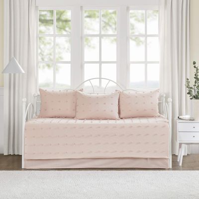 Intelligent Design Brooklyn Cotton Daybed Cover - Jacquard Tufted Chenille with Quilted Reverse, All Season Bedding with Bedskirt, Matching Shams, Decorative Pillow, Pink 39"x75" 5 Piece