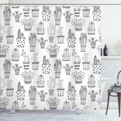 Ambesonne Cactus Shower Curtain, Doodle Flowers in Pots with Polka Dots and Zig Zags Tropical Plants Monochrome, Cloth Fabric Bathroom Decor Set with Hooks, 69" W x 84" L, Grey and White