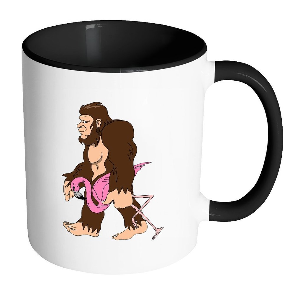 Bigfoot Sasquatch Carrying Flamingo - I Believe I'm a Believer - No Yeti Humanoid Monster - 11oz Black & White Funny Coffee Mug Women Men Friends Gift ~ Both Sides Printed