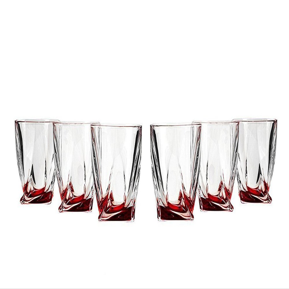 Bohemia Crystal, 11 Oz. Classic Whisky Scotch Glasses with Red Base, Wedding Gift Whiskey Tumblers, 6-Piece Set