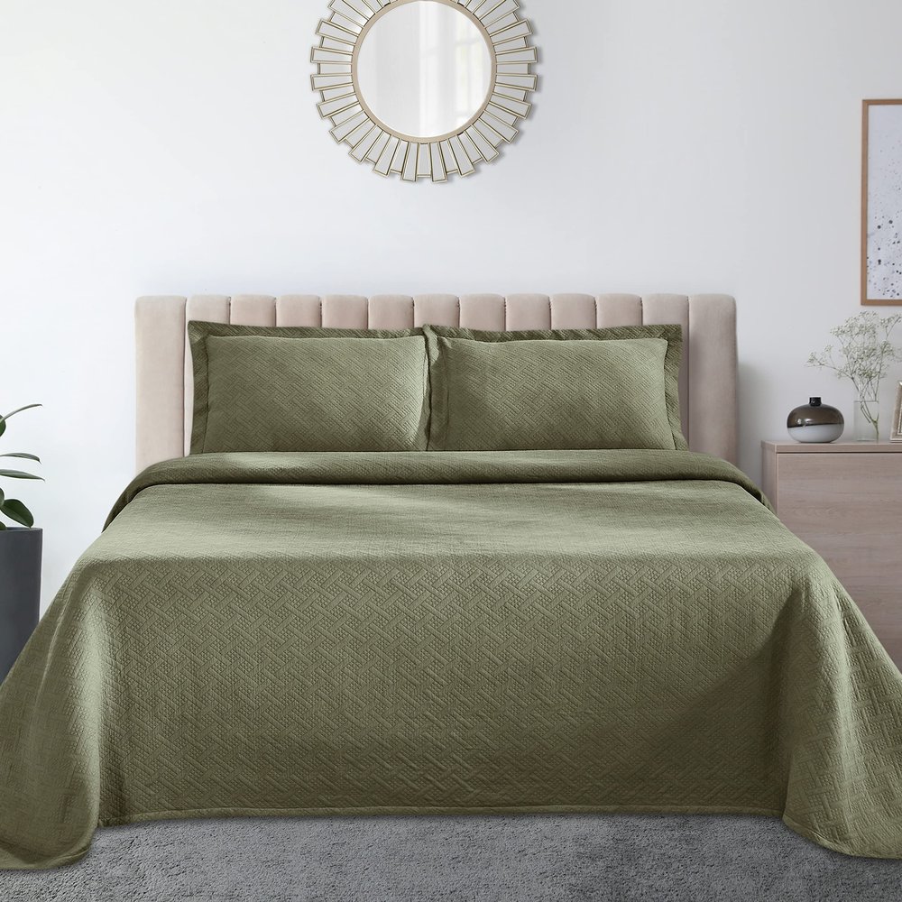 BLUENILEMILLS Premium 100% Cotton Woven Jacquard Matelasse Bedspread Set, Oversized Bedding, Embossed Cotton Fabric, Soft, Breathable, Medium Weight, Basketweave, King, Sage by Blue Nile Mills