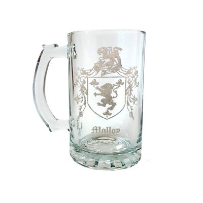 Molloy Irish Family Coat of Arms 27oz Glass Stein  Personalized Heraldic Engraving