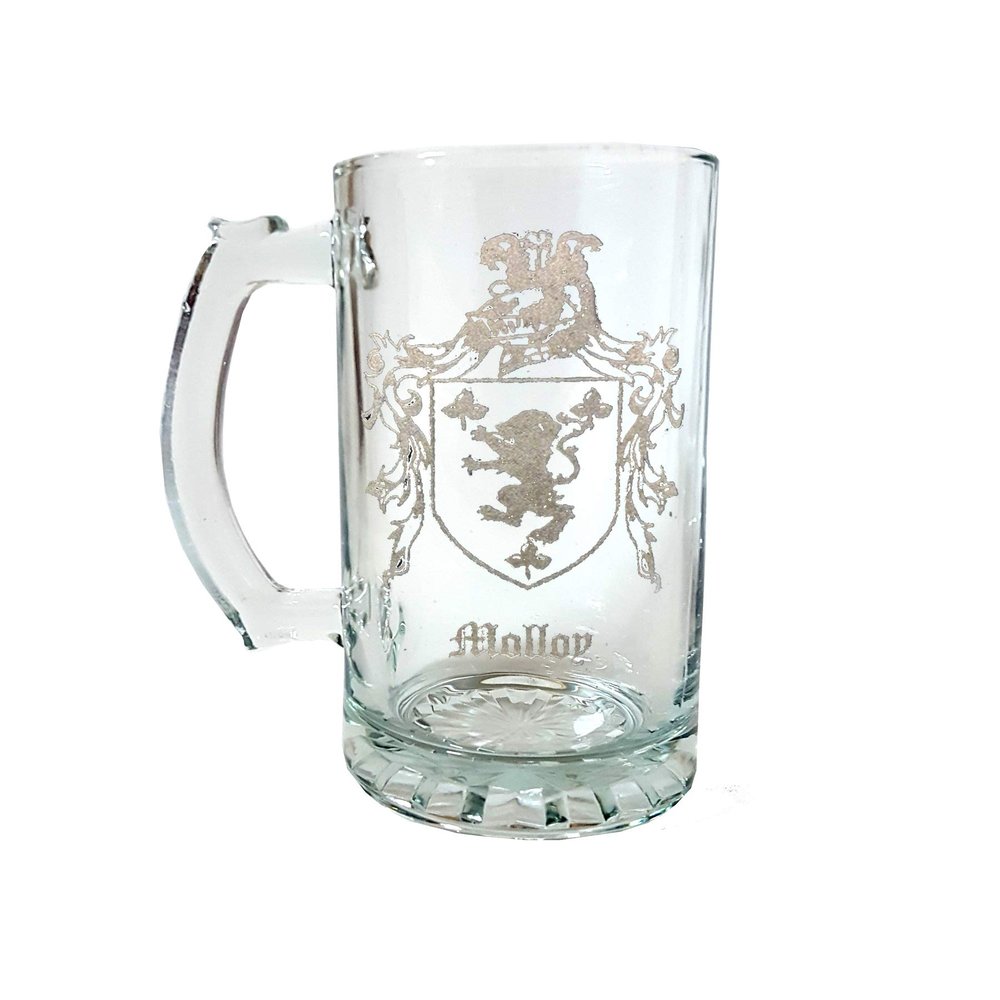 Molloy Irish Family Coat of Arms 27oz Glass Stein  Personalized Heraldic Engraving