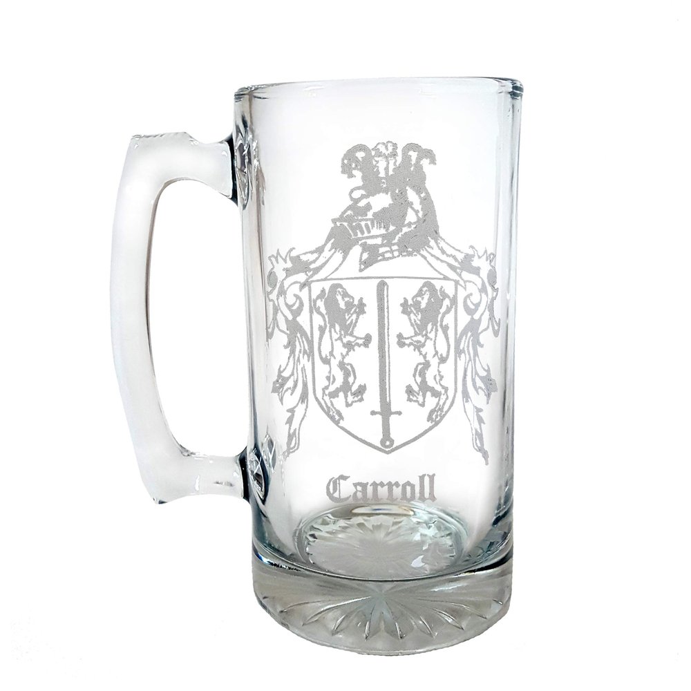 Carroll Irish Family Coat of Arms 27oz Beer Stein: Personalized Engraving, Family Crest Glass Mug