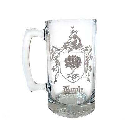 Boyle Irish Family Coat of Arms 27oz Glass Stein  Personalized Heraldic Engraving