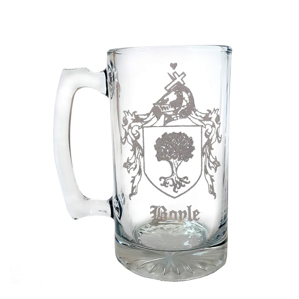 Boyle Irish Family Coat of Arms 27oz Glass Stein  Personalized Heraldic Engraving