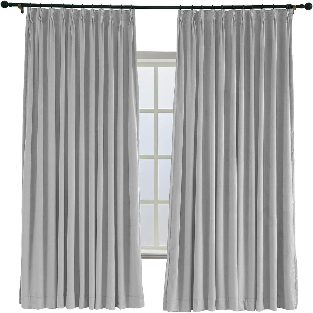 TWOPAGES 52 W x 102 L Pinch Pleat Curtain Room Darkening Velvet Curtain Drapery Panel for Traverse Rod or Track, Living Room Bedroom Meetingroom Club Theater Patio Door (1 Panel), Silver Grey