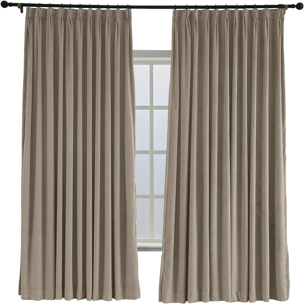 TWOPAGES 52 W x 102 L Pinch Pleat Curtain Room Darkening Velvet Curtain Drapery Panel for Traverse Rod or Track, Living Room Bedroom Meetingroom Club Theater Patio Door (1 Panel), Gray Beige