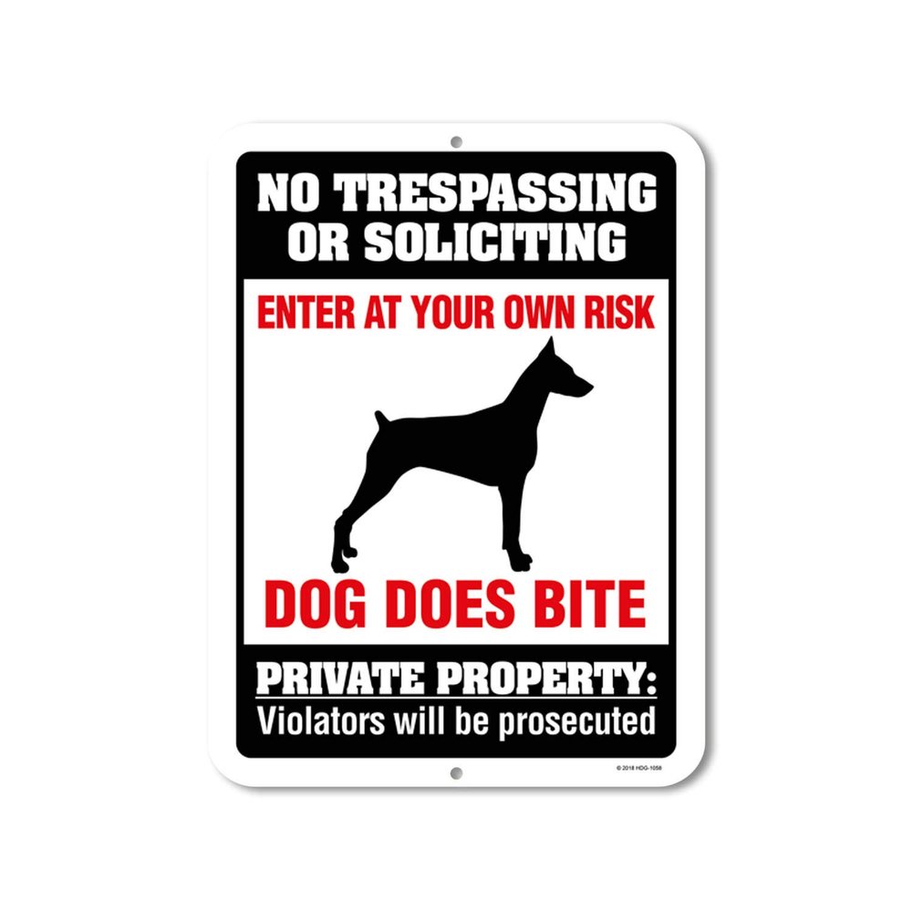 Honey Dew Gifts, No Trespassing or Soliciting Dog Does Bite, Beware of Dog, No Solicitation, Private Property Metal Aluminum Sign, 9 Inch by 12 Inch, HDG-1058
