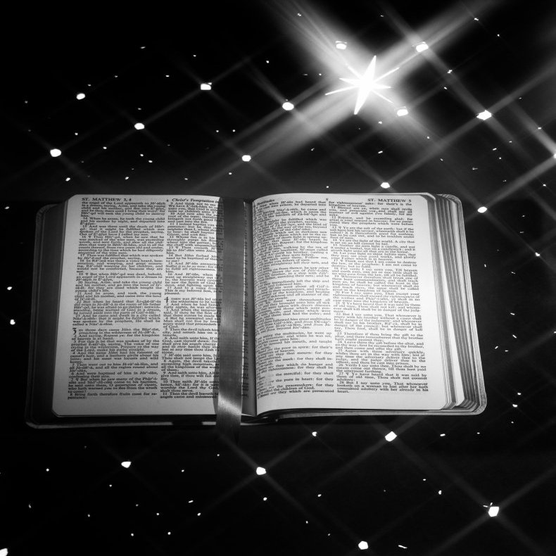 1950s Open Book Bible Ribbon Bookmark Matthew Against Star Background Large Star Of Bethlehem Christmas Print By Vintage