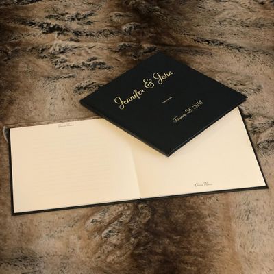 Ellie McKay Custom Lay-Flat Wedding Guest Sign in Book - Premium Bonded Leather Embossed with Gold or Silver Foil (Black - Gold Foil, 12"X12")