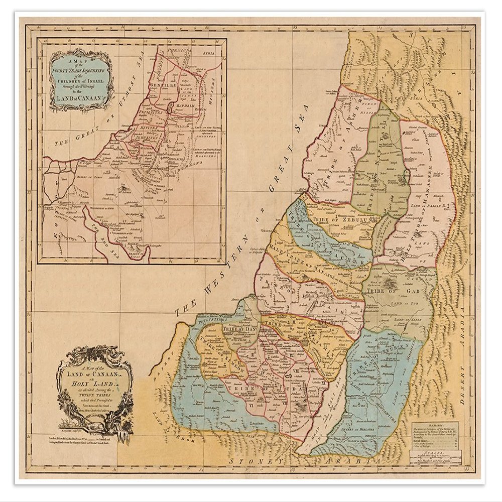 Antiguos Maps - Elegant Map of Canaan or HOLY Land Circa 1760 - Measures 18 in x 24 in (457 mm x 610 mm)