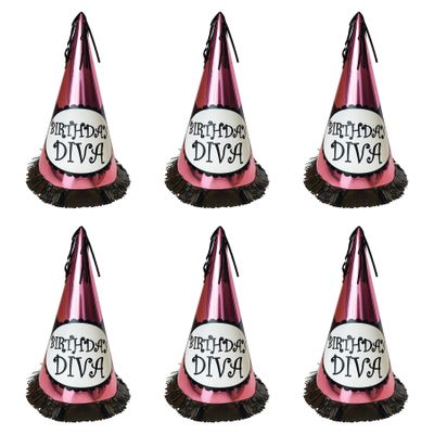 Beistle S60619AZ6 Fringed Foil Birthday Diva Party Hats, 12.5", Pink/Black/White