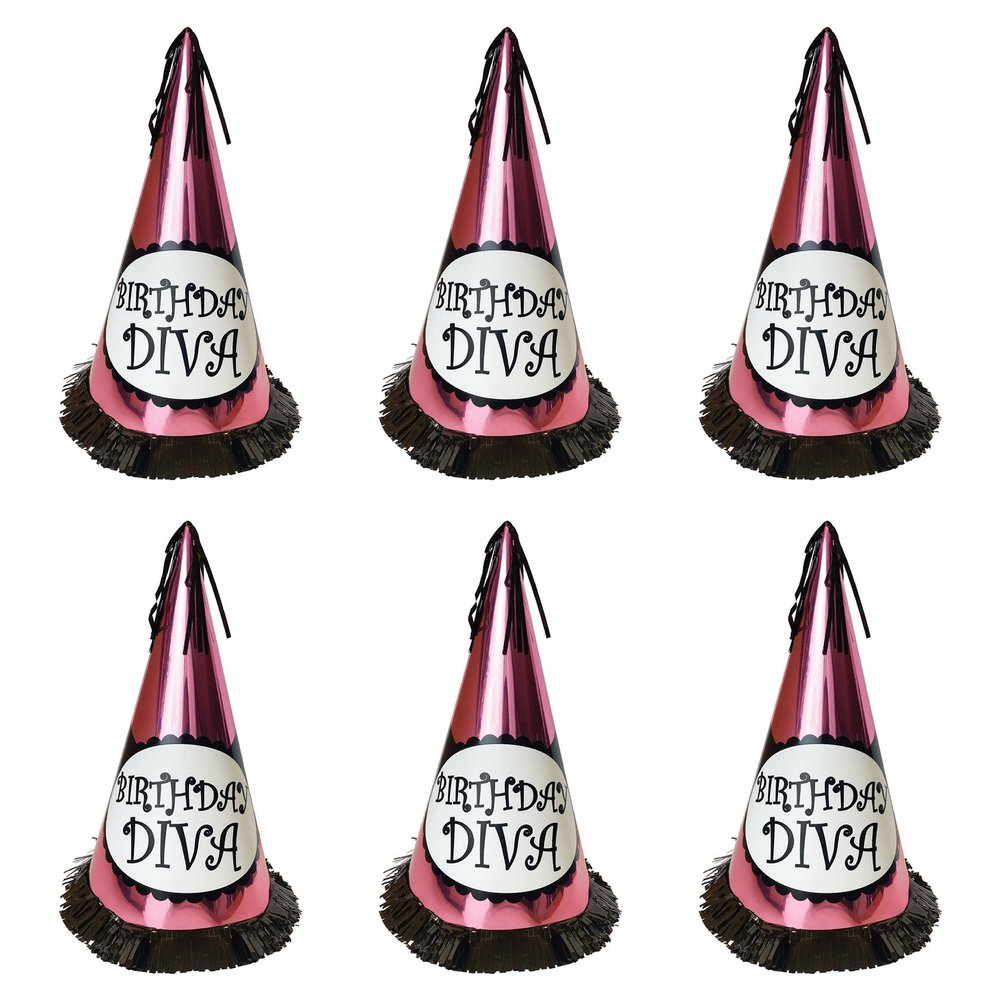 Beistle S60619AZ6 Fringed Foil Birthday Diva Party Hats, 12.5", Pink/Black/White