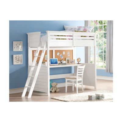 Benzara Wood Twin Loft Bed with Desk, White
