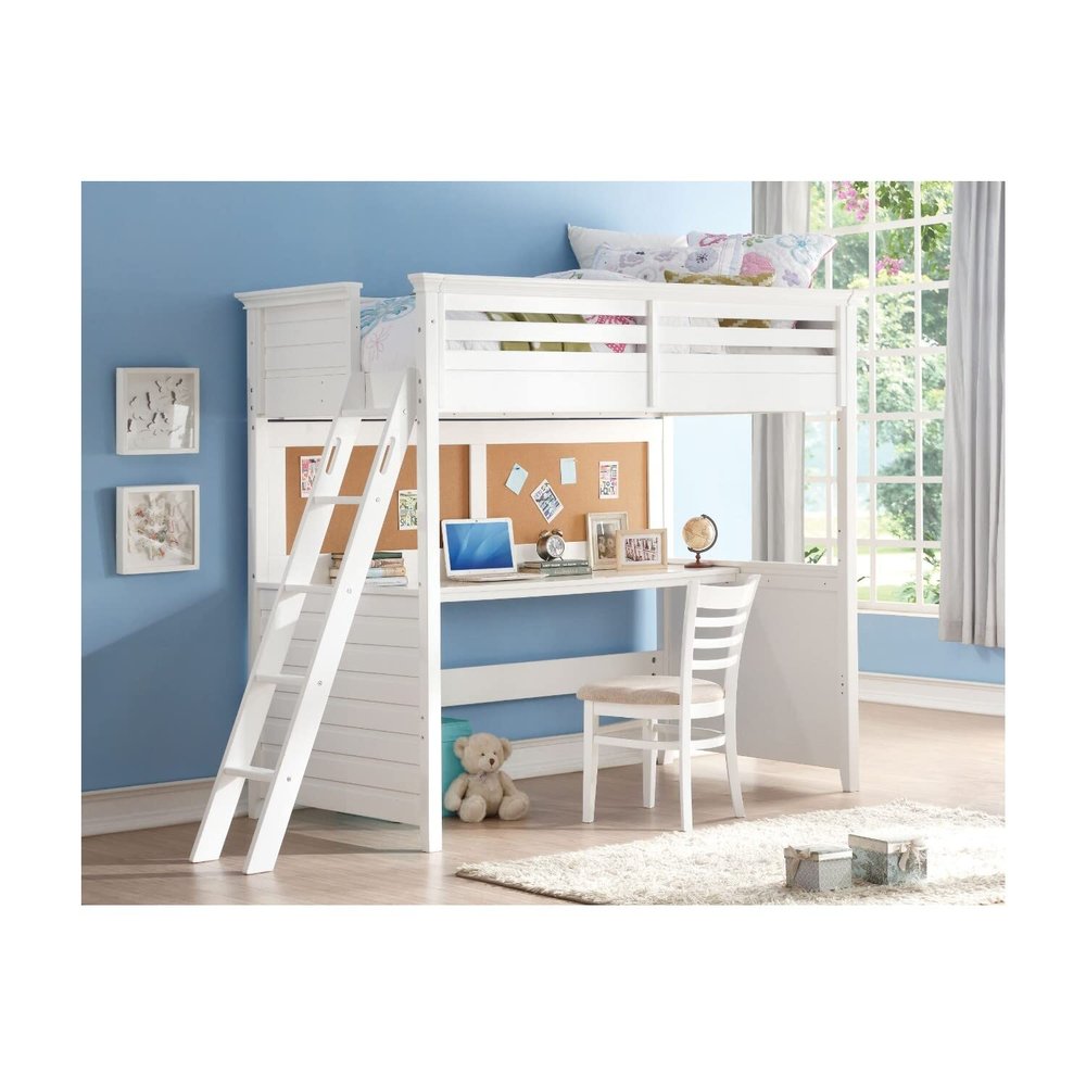 Benzara Wood Twin Loft Bed with Desk, White