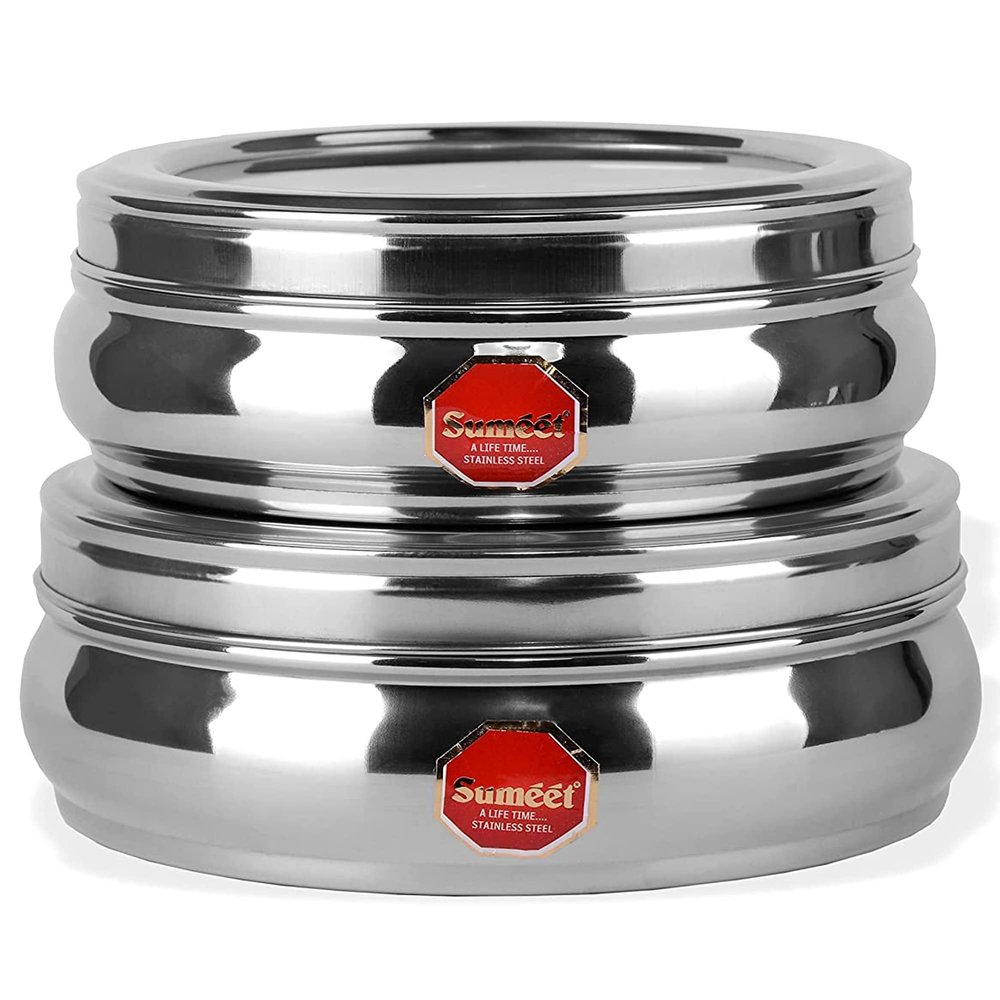 Sumeet Stainless Steel Belly Shape Flat Canisters/Puri Dabba/Storage Containers Set of 2Pcs With See Through Lid (No. 11 & No.12)(18.4cm & 20.5cm Dia) (1.5 Ltr & 2 Ltr Capacity)