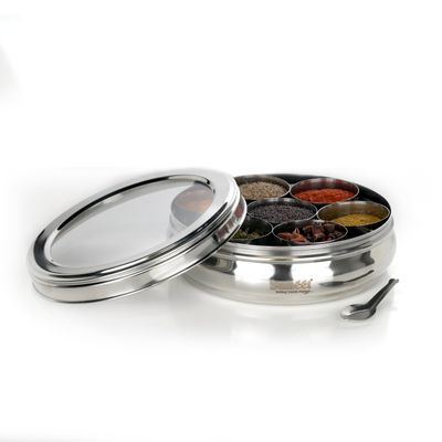 Sumeet Stainless Steel Belly Shape Masala (Spice) Box/Dabba/Organiser with See Through Lid with 7 Containers and Small Spoon (Big)