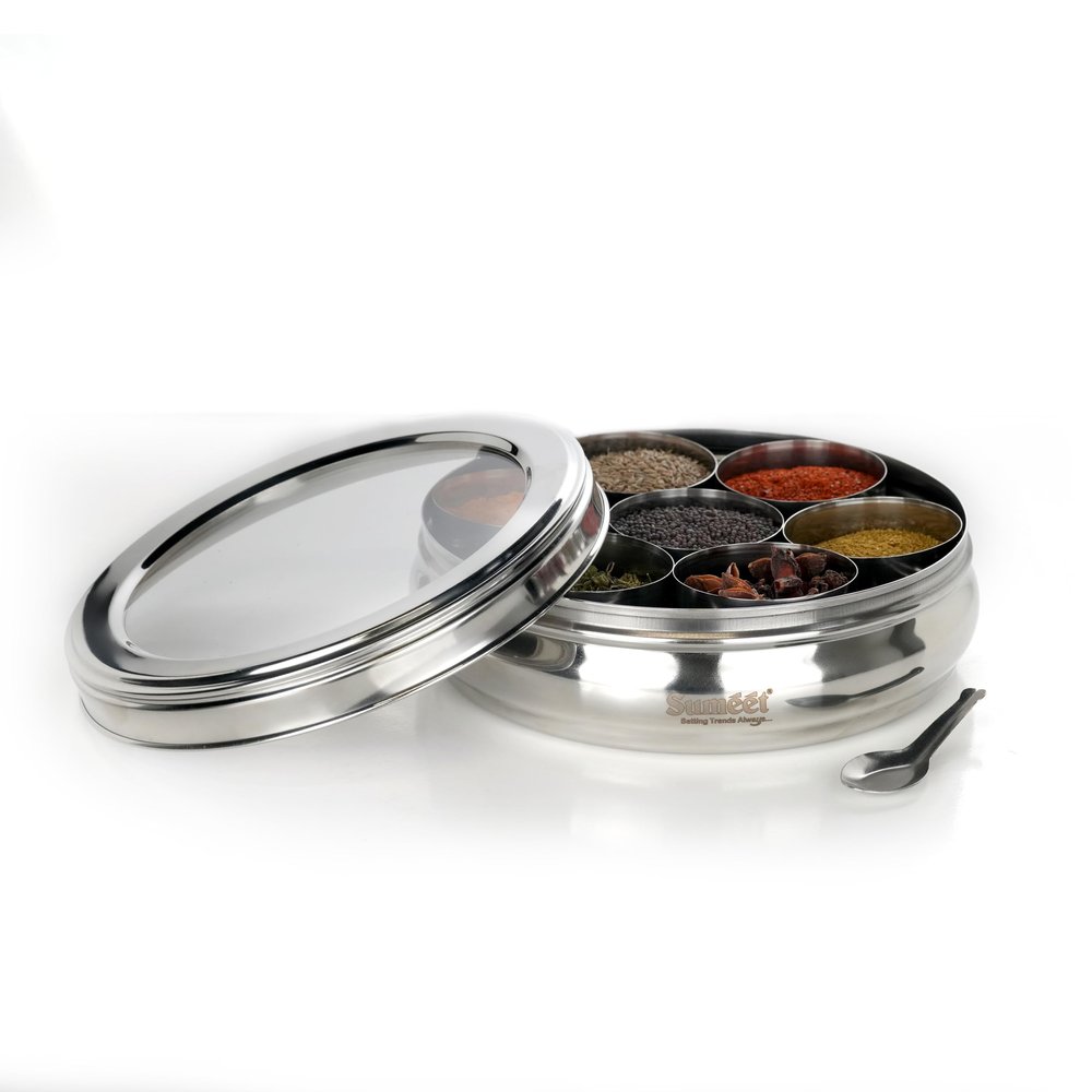 Sumeet Stainless Steel Belly Shape Masala (Spice) Box/Dabba/Organiser with See Through Lid with 7 Containers and Small Spoon (Big)