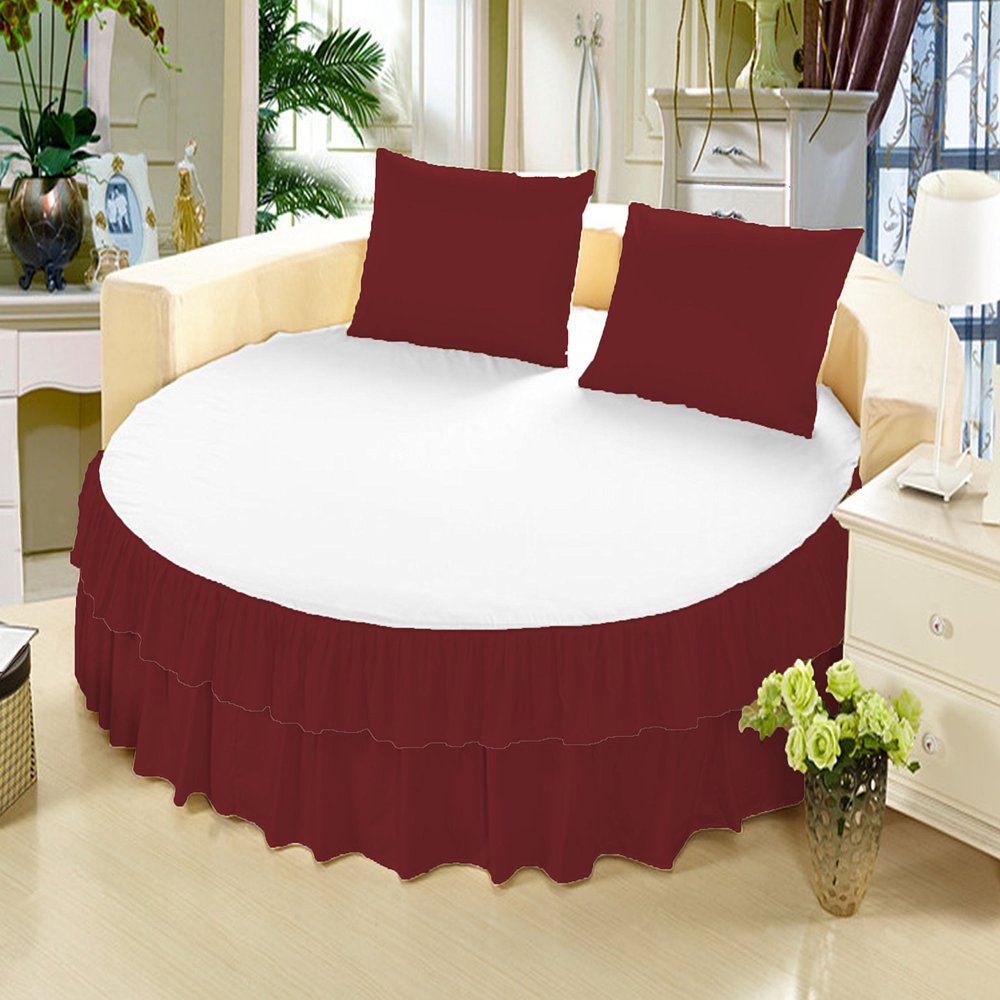 Bedding Empire Luxurious Solid 1 Piece 80" Diameter Double Layer Ruffle Round Bed Skirt/Bed Cover 100% Egyptian Cotton 500 TC Queen Size, Burgundy By