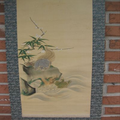 Antique Japanese Hanging Scroll Three Tortoises and Ume Tree