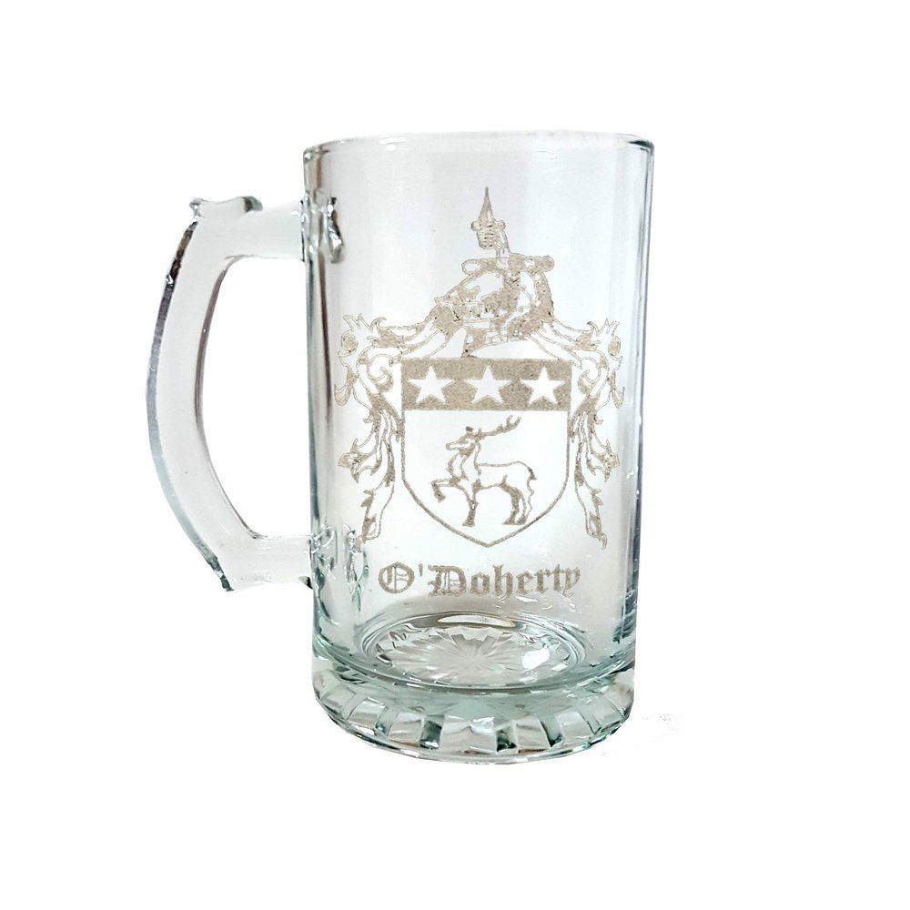 O'Doherty Irish Family Coat of Arms 27oz Glass Stein  Personalized Heraldic Engraving
