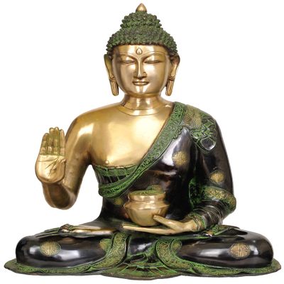 Exotic India ZDP91-black-gold-green The Stately Buddha in Dual-Tone Finish, Black/Gold/Green