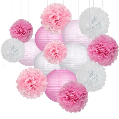 15Pcs Party Pack Paper Lanterns and Pom Pom Balls Hanging Decoration for Wedding Birthday Baby Shower-Pink/White