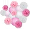15Pcs Party Pack Paper Lanterns and Pom Pom Balls Hanging Decoration for Wedding Birthday Baby Shower-Pink/White view 1