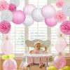 15Pcs Party Pack Paper Lanterns and Pom Pom Balls Hanging Decoration for Wedding Birthday Baby Shower-Pink/White view 4