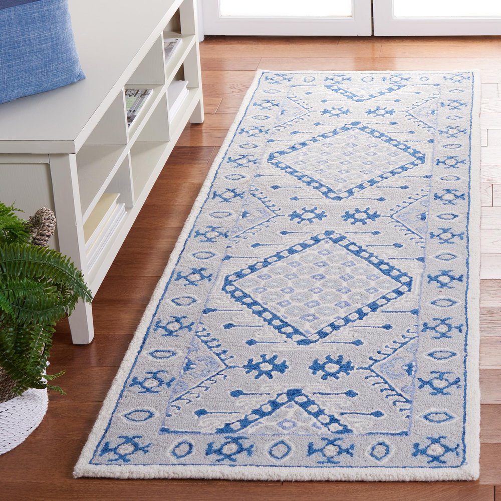 SAFAVIEH Micro-Loop Collection Runner Rug - 2'3" x 7', Light Grey & Blue, Handmade Moroccan Boho Wool, Ideal for High Traffic Areas in Living Room, Bedroom (MLP511F)