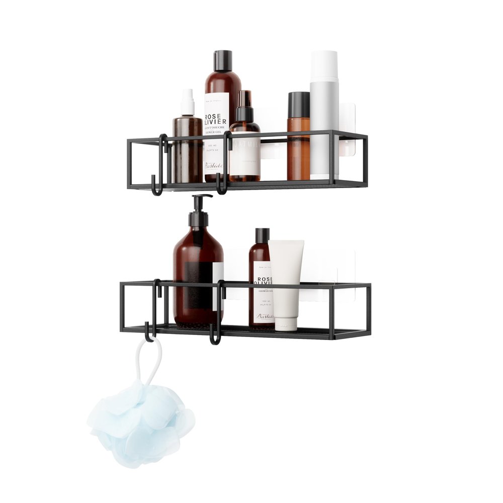 Umbra Cubiko Shower Shelf, Metal Floating Shelves with Adhesive Mounting Strips, 2-Pack, Black