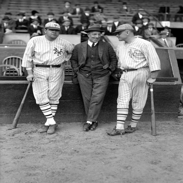 Ruth Dunn And Bentley Namerican Baseball Players Babe Ruth And Jack Bentley In New York Giants Uniforms For An Exhibition Game Between Them Is Pitcher Jack Dunn Photograph 1923 Poster Print by (18 x