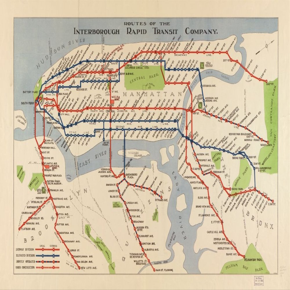14" x 24" 1924 Map of Interborough Rapid Transit Company Railroads