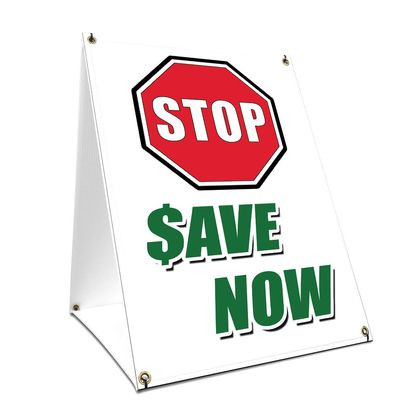 A-Frame Sidewalk Stop Save Now Sign with Graphics On Each Side | 18" X 24" Print Size