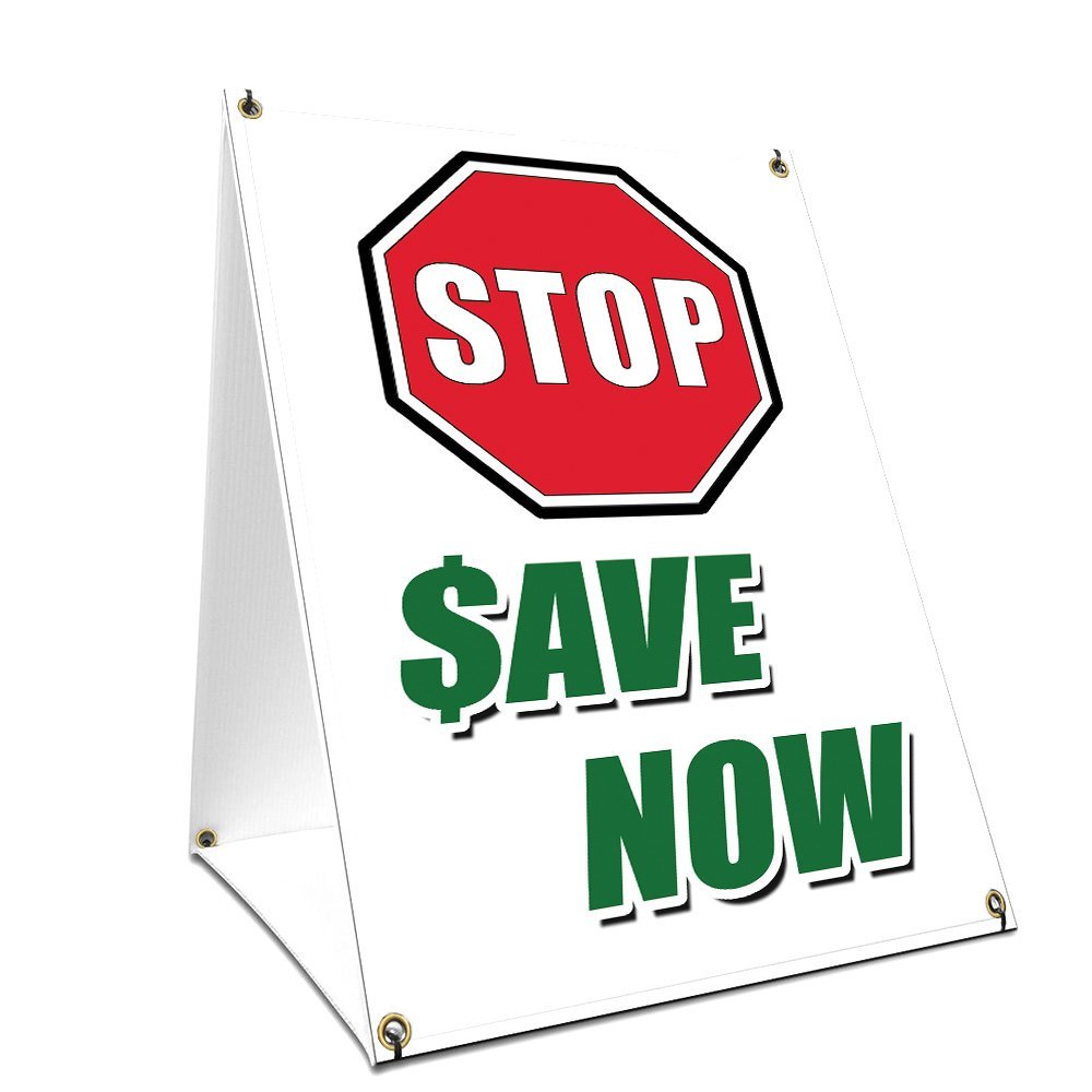 A-Frame Sidewalk Stop Save Now Sign with Graphics On Each Side | 18" X 24" Print Size