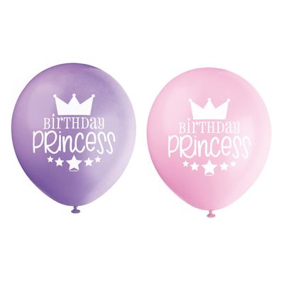 Unique Birthday Princess Party Latex Balloons - 12" | Pink & Purple | 8 Pcs