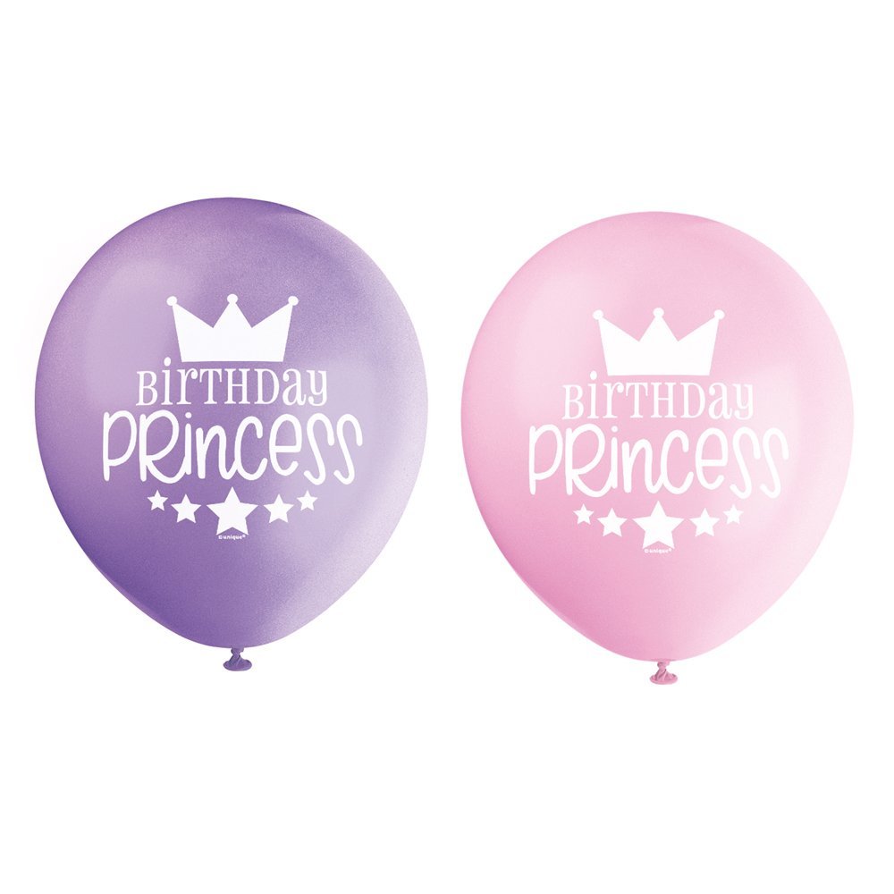 Unique Birthday Princess Party Latex Balloons - 12" | Pink & Purple | 8 Pcs