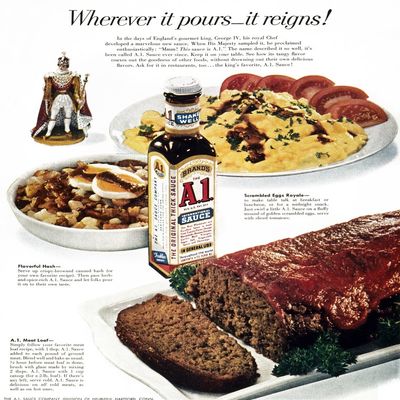 A1 Sauce Ad 1957 Nadvertisement For A1 Sauce From An American Magazine Of 1957 Featuring Recipes For Scrambled Eggs Hash And Meatloaf Poster Print by (18 x 24)