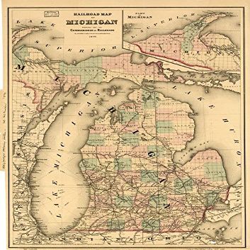 16" x 24" 1874 Map of Michigan Railroad United States