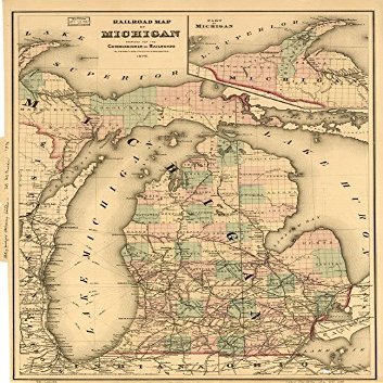 16" x 24" 1874 Map of Michigan Railroad United States