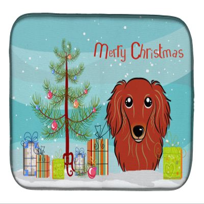 Caroline's Treasures BB1586DDM Christmas Tree and Longhair Red Dachshund Dish Drying Mat Absorbent Dish Drying Mat Pad for Kitchen Counter Dish Drainer Mat for Countertop, 14 x 21", Multicolor