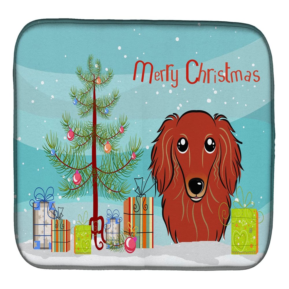 Caroline's Treasures BB1586DDM Christmas Tree and Longhair Red Dachshund Dish Drying Mat Absorbent Dish Drying Mat Pad for Kitchen Counter Dish Drainer Mat for Countertop, 14 x 21", Multicolor