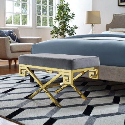 Modway Rove Greek Key X-Base Entryway Modern Bench With Velvet Upholstery in Gold Gray